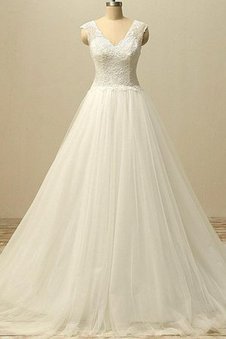 Abito da Sposa Senza Maniche Naturale in Pizzo A-Line V-Scollo