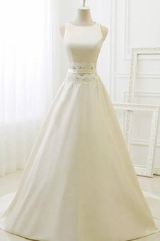 Abito da Sposa con Perline in Raso Senza Maniche in Pizzo in Tulle