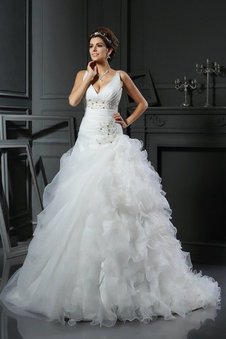 Abito da Sposa Ball Gown con Increspature in Organza Allacciato Lungo