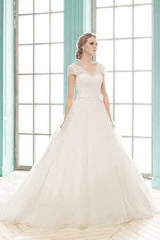 Abito da Sposa Naturale V-Scollo in Tulle con Manica Corte in Pizzo