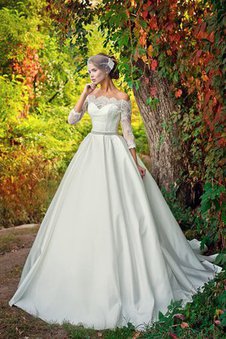 Abito da Sposa con Piega A-Line Seghettato Scollo in Pizzo con Tre Quarti Lunghezza Maniche