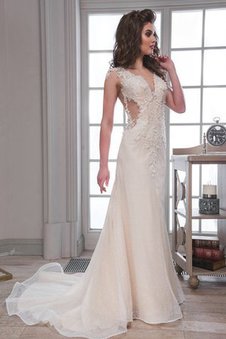 Abito da Sposa Lungo Profondo V-scollo A Terra Cappellino con Perline