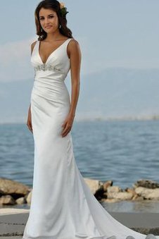 Abito da Sposa in Raso Sexy V-Scollo Profondo V-scollo Spazzola Treno