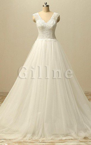 Abito da Sposa Senza Maniche Naturale in Pizzo A-Line V-Scollo