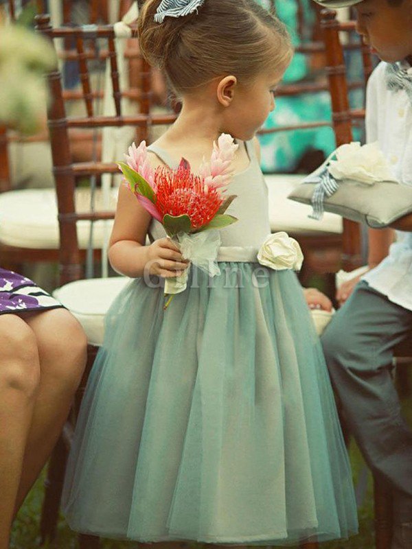 Abito da cerimonia bambini quadrato principessa senza maniche con fiore a-line suggestivo