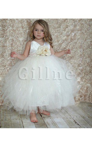 Abito da Cerimonia Bambini V-Scollo con Increspature con Perline Ball Gown in Tulle