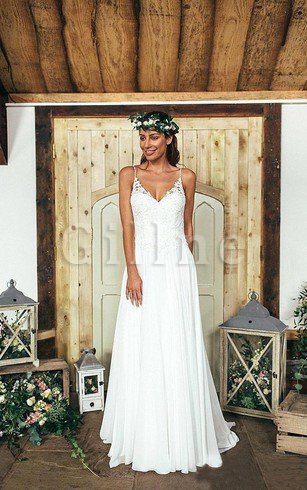 Abito da Sposa in Chiffon A-Line Spazzola Treno Senza Maniche V-Scollo