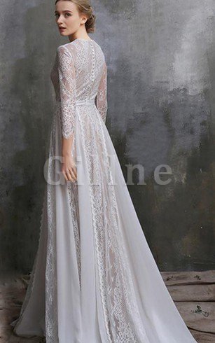 Abito da Sposa con Tre Quarti Lunghezza Maniche Conservatore con Applique con Bottone in Pizzo