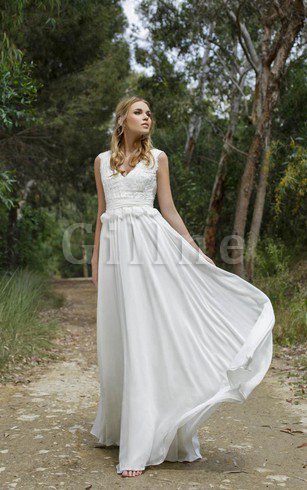 Abito da Sposa con Fusciacca Profondo V-scollo in Chiffon A-Line in Pizzo