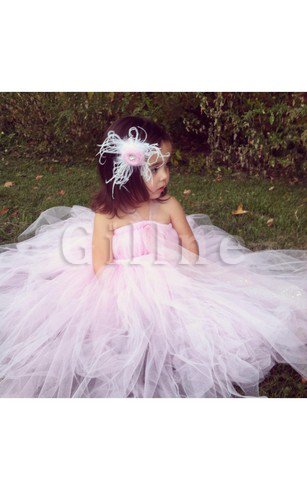 Abito da Cerimonia Bambini con Increspature con Fiore in Tulle Alta Vita Ball Gown