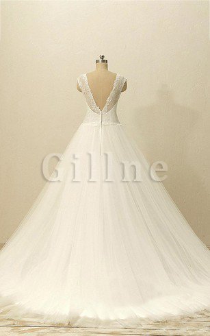 Abito da Sposa Senza Maniche Naturale in Pizzo A-Line V-Scollo